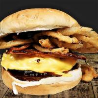 Kickin' Burger · Cheese, bacon, onion straws kickin' BBQ sauce.