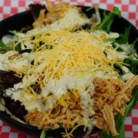 Fiesta Salad · Dressed with J's green sauce. Shredded chicken, cheese blend, queso black beans and corn, sa...
