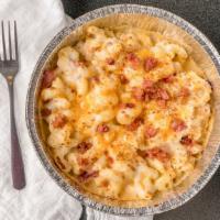 Creamy Yummy Bacon Mac & Cheese Pasta · Served with two breadsticks.