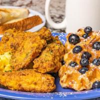 Chicken & Waffles · 2 Golden Belgian Waffles topped with powdered sugar, 5 Southern Fried Wings.