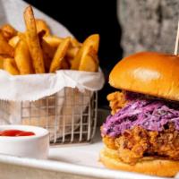 Chicken Sandwich · 48 hour brined crispy fried chicken / blue cheese slaw / house made pickles / buttered chall...