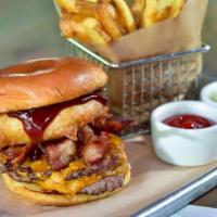 Bacon Bbq Burger · Two angus beef patties / cheddar cheese / applewood smoked bacon / hickory bbq sauce / beer ...