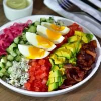 Cobb Salad · Lettuce / tomato / cucumber / blue cheese / avocado / hard boiled egg / bacon / pickled onio...