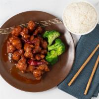 General Tso Chicken · Spicy. Stir-fried chicken with bell pepper, onion and dried chilli in house-made brown sauce.