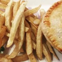 Chicken Curry Pie (Entrée) · Traditional recipe pot pie wrapped in buttery puff pastry. Served with fries and peas.