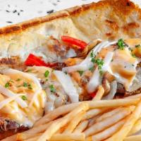 Philly Cheesesteak Or Chicken Cheesesteak · Sautéed bell peppers, onions, and mushrooms melted with three types of cheeses.