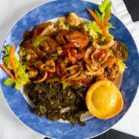 Jerk Chicken & Rice · Grilled boneless breasts with onions peppers over a bed of buttered yellow rice collard gree...