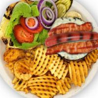 Piggyback Burger · Angus Beef, American Cheese, Bacon, Hot Dog, Lettuce, Tomato, Onion, Brioche Bun. Served wit...