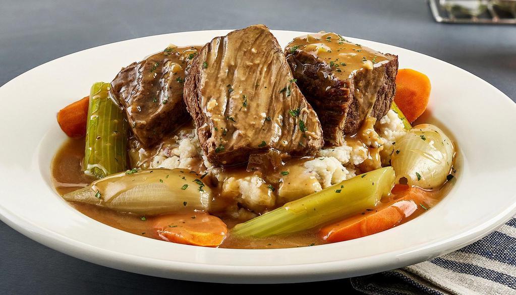 Pot Roast · Seasoned and slow-cooked with tender carrots, celery and onions in our rich
brown gravy over creamy mashed potatoes.