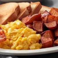 Three Egg Breakfast · Three eggs any style, hashbrowns, toast, and your choice of meat: bacon, sausage patties, sa...