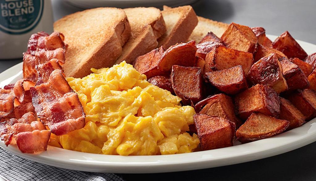 Three Egg Breakfast · Three eggs any style, hashbrowns, toast, and your choice of meat: bacon, sausage patties, sausage links, turkey sausage or Canadian bacon.