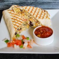 Grilled Breakfast Burrito · Hearty burrito with spicy chorizo, eggs, black beans, hash browns, house-made salsa, grilled...