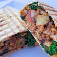 Vegan Grilled Breakfast Burrito (V) · Hearty vegan burrito with spicy vegan chorizo, black beans, hashbrowns, kale, housemade pico...