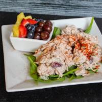 Chicken Salad · All-white meat chicken, walnuts, grapes, and celery served on a croissant or bed of spinach ...