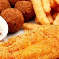 Fried Catfish Filet · Farm raised. 2 whole catfish fillets breaded and fried to perfection. choose two sides.
