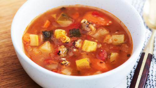 Fire Roasted Veg · A delicious blend of carrots, green beans, zucchini, and yellow squash, onions, red bell peppers, and corn are blended with diced tomatoes and roasted red peppers for a fiery (and healthy) soup.