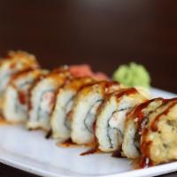 Spicy Crab Meat Tempura Roll · Crab meat  with  spicy mayo  and crunch , creamy cheese, lightly  fried  topped with  eel sa...