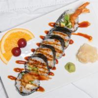 Tempura Shrimp Roll (6 Pieces) · Tempura shrimp, avocado, cucumber, japanese mayo, masago, eel sauce, sesame seeds.