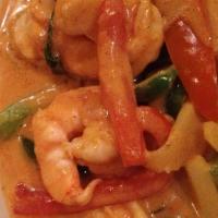 Red Curry Shrimp · Hot & Spicy. Ripe red chili paste with coconut milk, bamboo shoots, bell pepper & fresh basi...