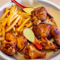 Special Peruvian Chicken Combo · 1/2 rotisserie chicken, six pcs. Chicken wings and chicken skewers. Served with three sides ...