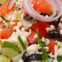 Greek Goddess · Fresh greens, tomatoes, cucumber, black olives, red onion, garbanzo, crumbled feta cheese, a...