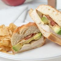 Ranchero Sandwich · Grilled chicken breast, applewood smoked bacon, hass avocado, and buttermilk ranch on an eig...
