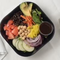 Veggie Salad · Mixed Greens, tomatoes, cucumbers, red onions, garbanzo beans, black olives, sweet peppers, ...