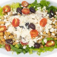Greek Salad · Lettuce, cherry tomatoes, onions, chickpeas, feta cheese, almonds, sesame & black olive.