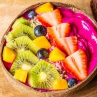 Dragon Berry  · pitaya, banana, strawberries, 
pineapple, coconut milk, topped with sliced almonds, blueberr...