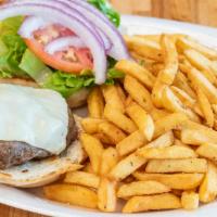 Cheese Burger (1/4 Pound) · Served with skinny French fries. Your choice of cheese. Lettuce, tomato, onion on side.