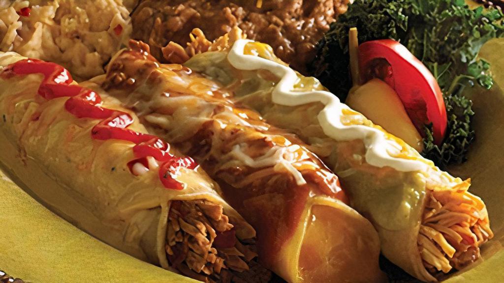 Enchilada Platter · Select your favorite combination of three hand-rolled enchiladas with made-from-scratch sauces. Served with refried beans and your choice of Papas con Chile™  or Mexican rice.