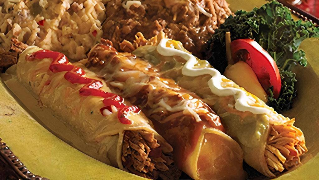 Four Enchiladas · Select your favorite combination of four hand-rolled enchiladas with made-from-scratch sauces. Served with refried beans and your choice of Papas con Chile™  or Mexican rice.