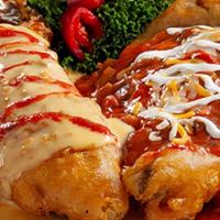 Chile Rellenos Dinner · Two chile rellenos—blended cheese or shredded beef— topped with your choice of ranchera sauc...