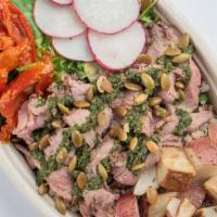 Chimichurri Steak And Roasted Potato Bowl · Super Greens Blend, Grain Blend, Grass-Fed Steak, Roasted Potato, Roasted Tomato, Radish, Ch...