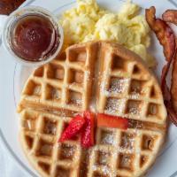 Waffle Breakfast · 1 Belgian waffle, 2 eggs, and choice of meat. Consuming raw or undercooked meats, poultry, s...