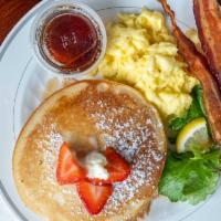 Pancake Breakfast · 2 pancakes, 2 eggs, and choice of meat. Consuming raw or undercooked meats, poultry, seafood...