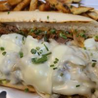 Philly Cheese Steak · Grilled steak with grilled onion, green peppers, mushrooms and Mozzarella cheese on a hoagie...
