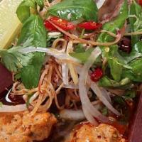 Bun Bo Hue · Spicy hue noodle style) thick vermicelli rice noodle with beef flank, brisket, beef shank, p...