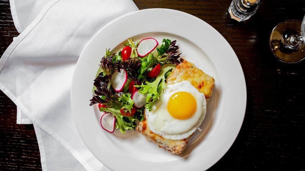 Croque “Monsieur” Or “Madame”* - Knife & Fork · Grilled ham, gruyère cheese, glazed with mornay sauce. Served with mesclun salade.