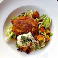 Grilled Chicken Breast · Petite mesclun salad, champagne vinaigrette, goat cheese crouton.