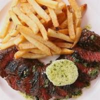 Broiled Hanger Steak & Frites · With mesclun salad, caramelized onions, port wine butter, frites. Gluten-free.
