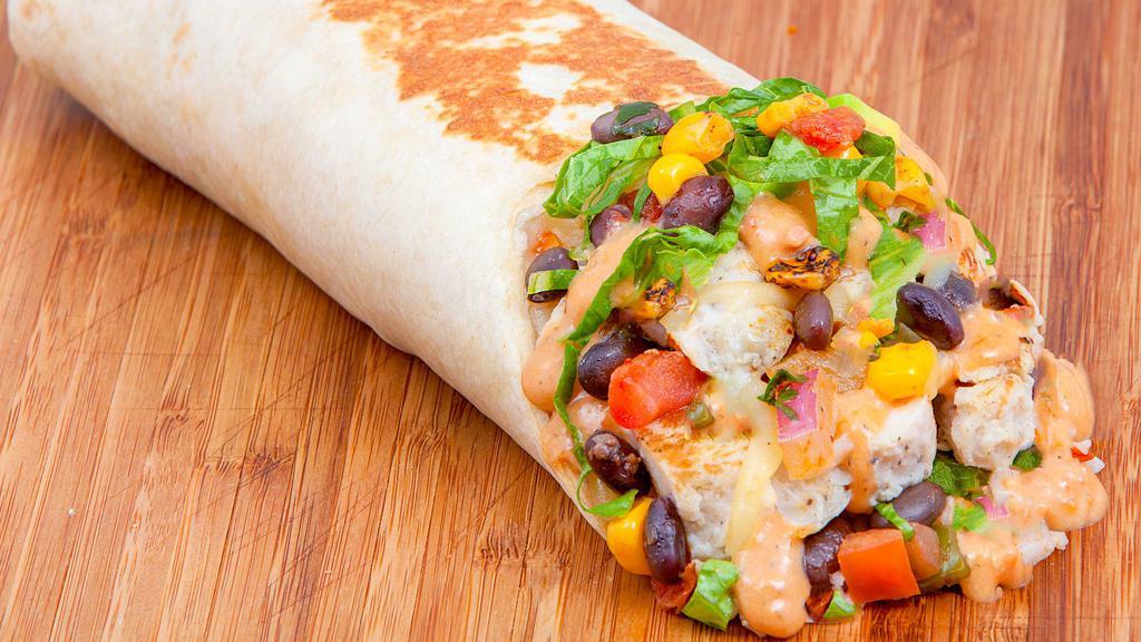 Chipotle Wrap · With pepper jack, black bean and corn salsa, grilled onions, romaine and chipotle ranch.