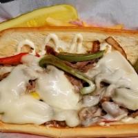 Philly Cheesesteak · Scrambled Eggs + Ribeye Steak + Green Peppers + Onions + Cheese Whiz - On A Hoagie Roll Or A...