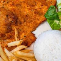 Milanesa De Pollo · Pounded chicken breast, lightly breaded, and deep fried. Served with white rice, French frie...