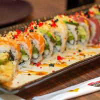 Four Seasons Roll · Shrimp tempura, avocado, scallions, asparagus, cucumber, and masago topped with salmon, tuna...