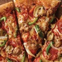 Deluxe Pizza · Pepperoni, Italian sausage, mushrooms, green peppers, onions, our original sauce and signatu...