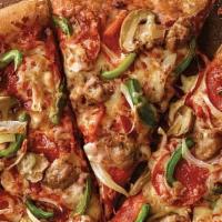 Deluxe Pizza · Pepperoni, Italian sausage, mushrooms, green peppers, onions, our original sauce and signatu...