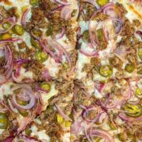 Greek Fire 12 · Prik souvlaki, pickled jalapenos, red onion, extra cheese