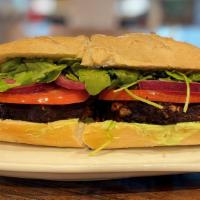 Vegan Black Bean Burger · freshly grilled chipotle black bean patty, dressed with house made vegan avocado aioli, beef...
