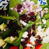 Spinach Salad · Organic baby spinach, diced cucumbers, cherry tomatoes, chopped red onion, dried cranberries...